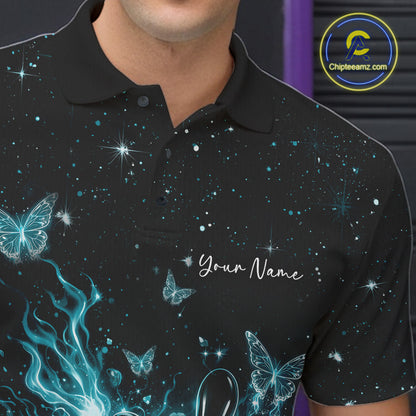 Detailed left chest view of a black and turquoise blue bowling polo shirt with cosmic flaming bowling artwork.