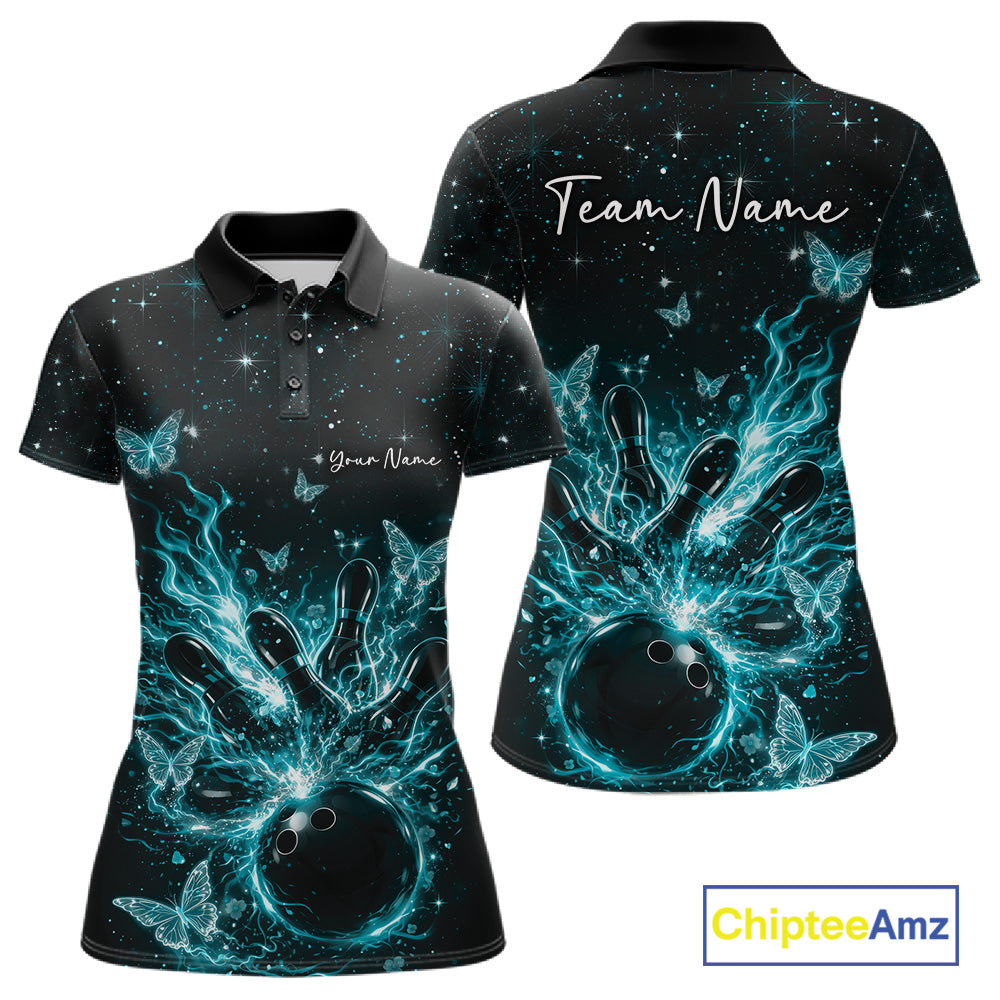 Front and back views of a black and turquoise blue womens bowling polo shirt featuring a flaming bowling ball, pins, and glowing butterflies.