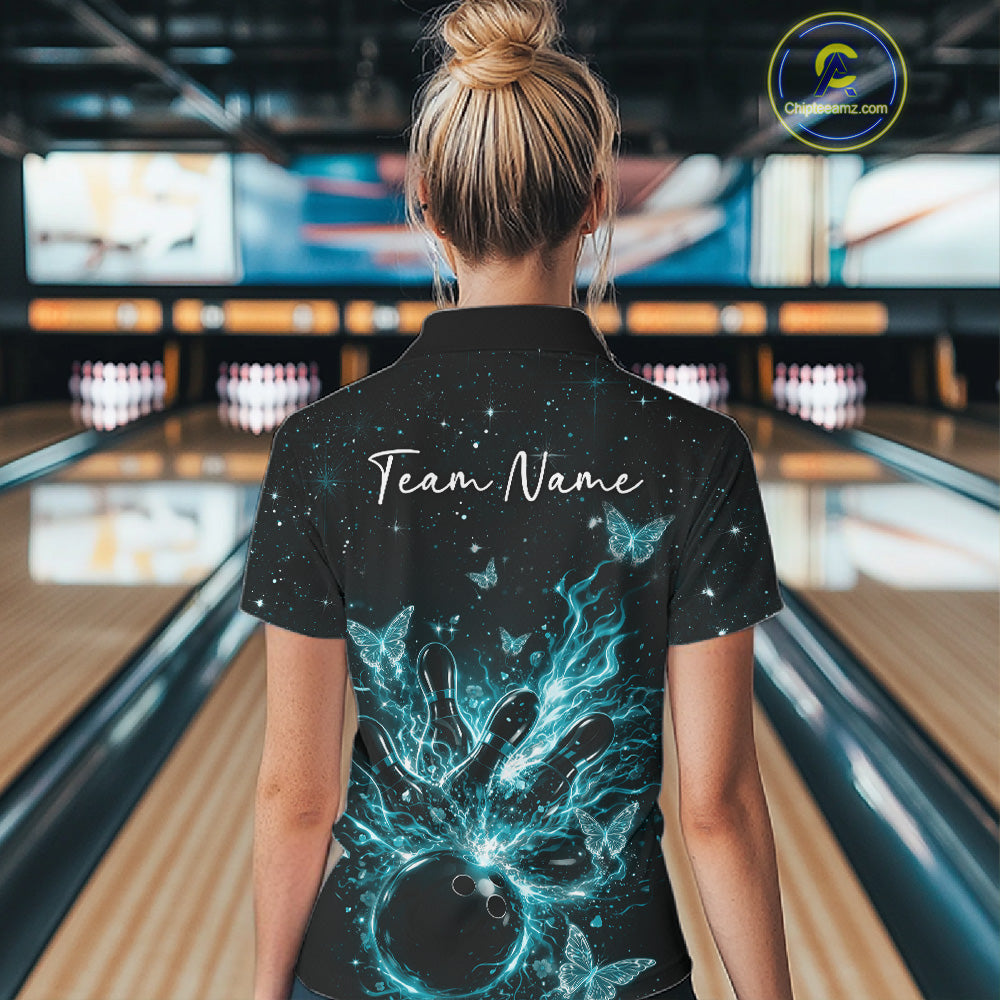 Back view of a female model in a black and turquoise blue bowling polo shirt featuring glowing butterfly bowling graphics.