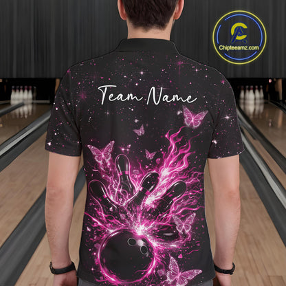 Back view of a male model in a black and pink bowling polo shirt featuring cosmic flaming bowling artwork and glowing butterflies.