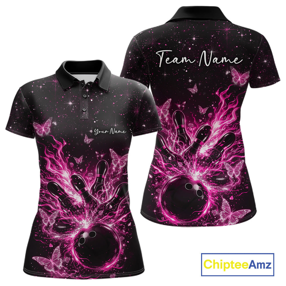 Front and back views of a black and pink womens bowling polo shirt with cosmic bowling strike artwork and glowing butterflies.