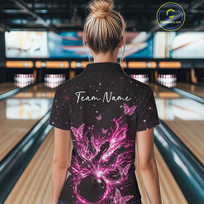 Back view of a female model in a black and pink bowling polo shirt showcasing cosmic bowling artwork with glowing butterflies.