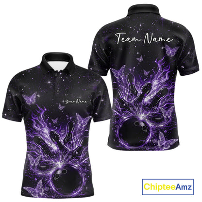 Front and back views of a black and purple mens bowling polo shirt with flaming bowling ball, glowing butterflies, and cosmic background.