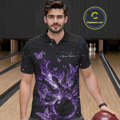 Male model wearing a black and purple bowling polo shirt at the lane with cosmic bowling strike graphics.