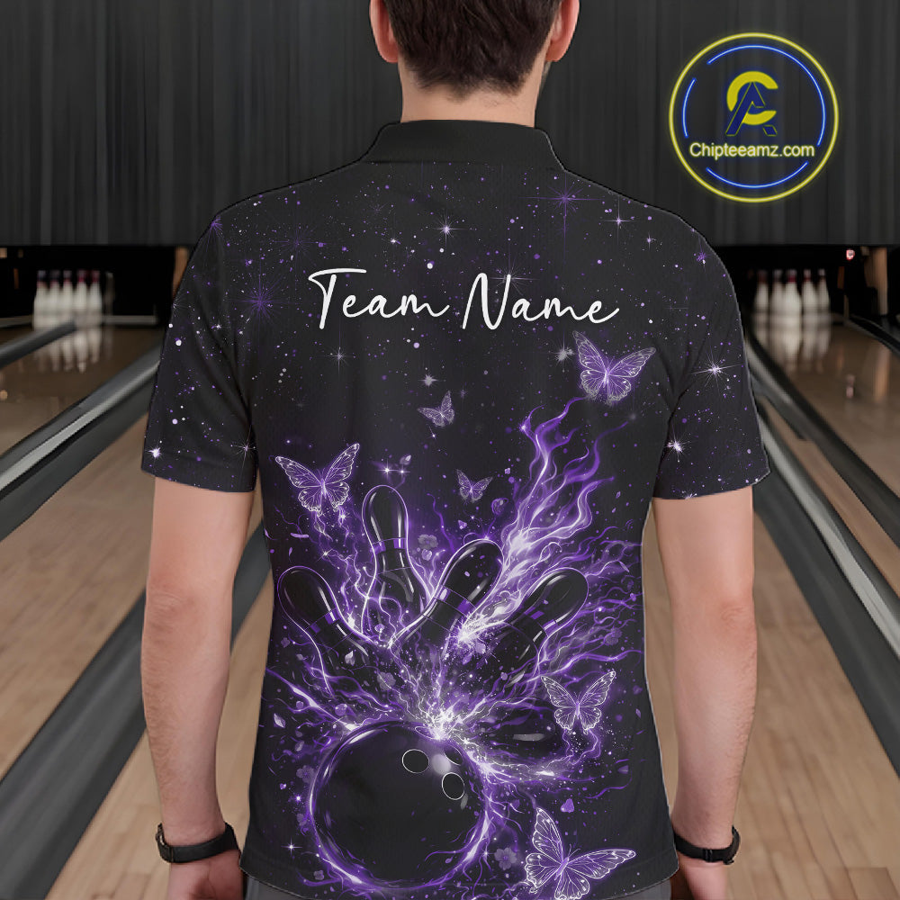 Back view of a male model in a black and purple bowling polo shirt showcasing glowing butterfly bowling artwork.