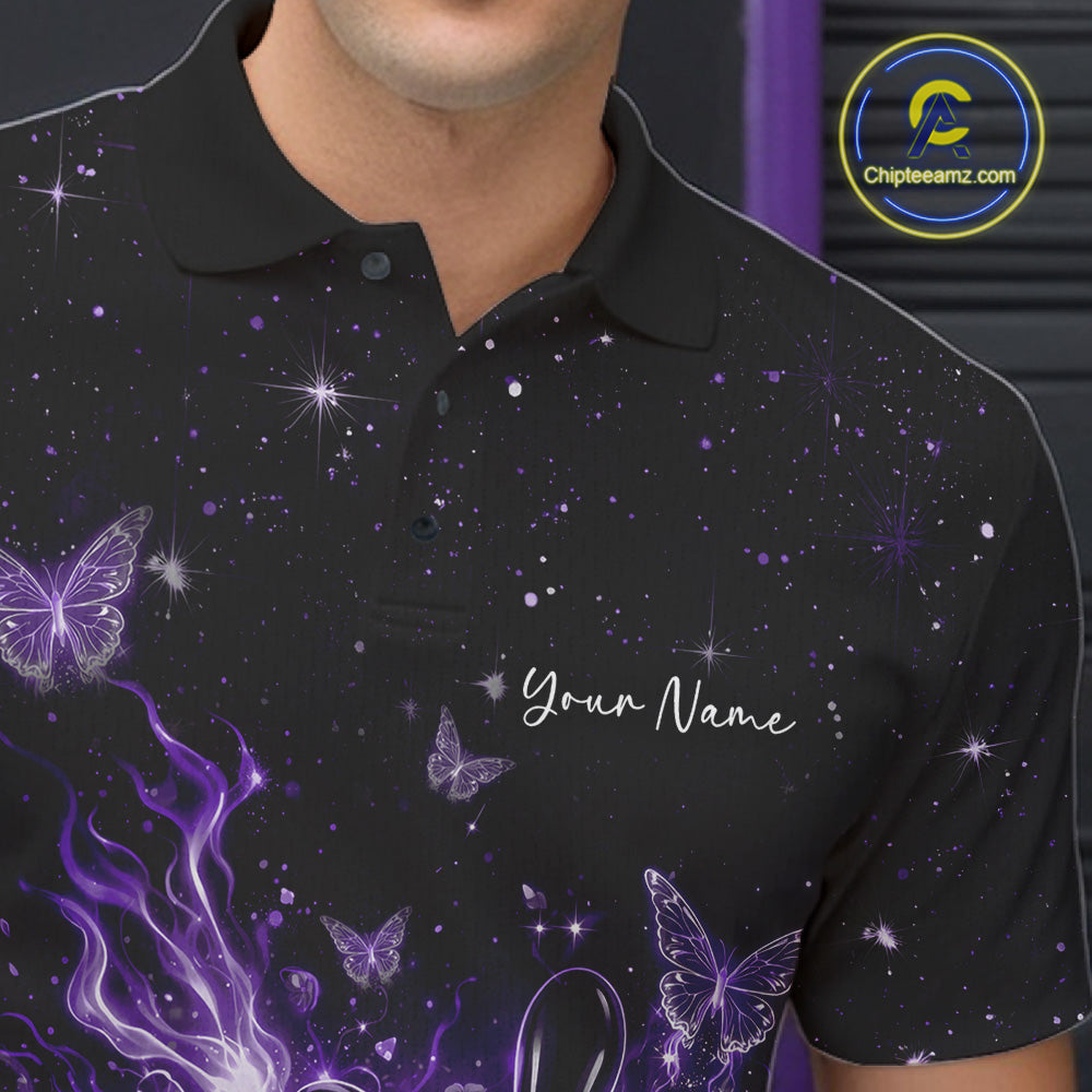 Close-up left chest detail of a black and purple bowling polo shirt featuring cosmic flaming strike accents.