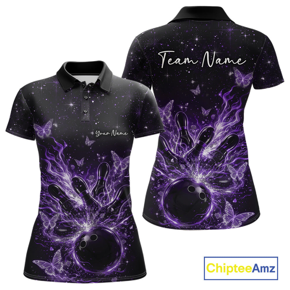 Front and back views of a black and purple womens bowling polo shirt with flaming bowling ball, glowing butterflies, and cosmic background.