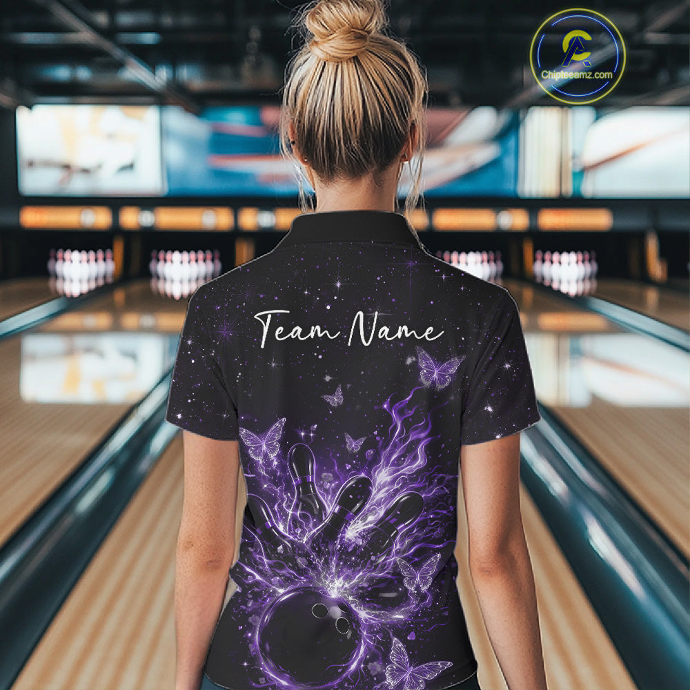 Back view of a female model wearing a black and purple bowling polo shirt featuring glowing butterfly bowling graphics.
