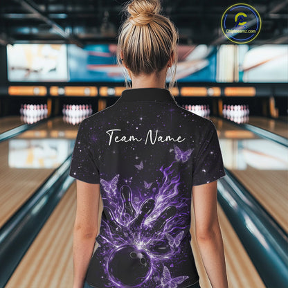 Back view of a female model wearing a black and purple bowling polo shirt featuring glowing butterfly bowling graphics.