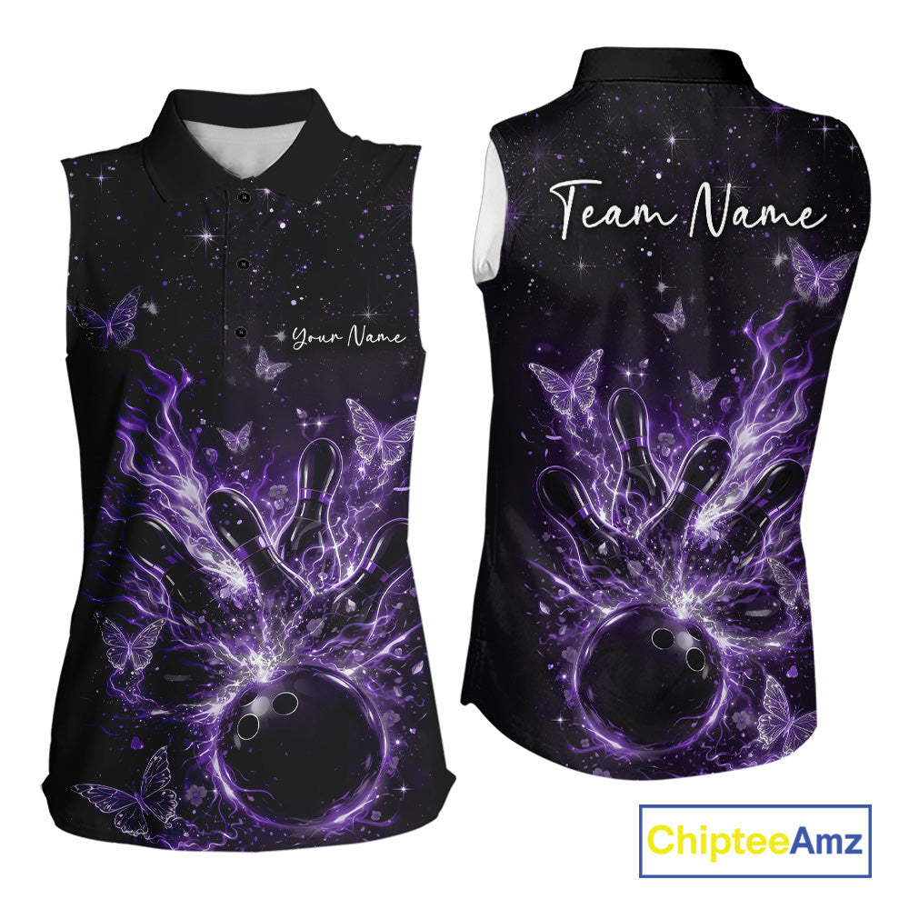 Front and back views of a black and purple womens sleeveless shirt featuring a flaming bowling ball striking pins with glowing butterflies and a cosmic background.