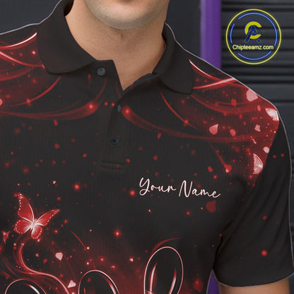 Close-up left chest detail of a black and red bowling polo shirt with glowing bowling ball and pin accents.
