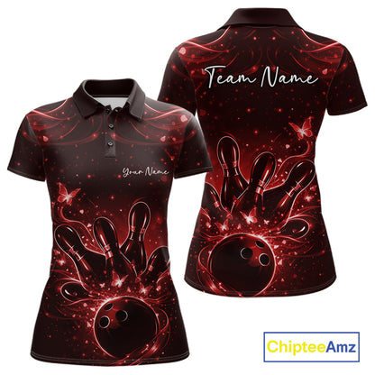 Front and back views of a black and red womens bowling polo shirt with glowing butterflies around bowling pins and ball artwork.