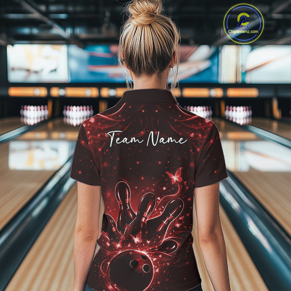 Back view of a female model wearing a black and red bowling polo shirt with glowing butterfly bowling graphics.