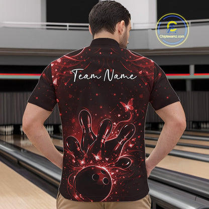 Front view of a male model in a black and red bowling quarter-zip shirt featuring ball and pin artwork.