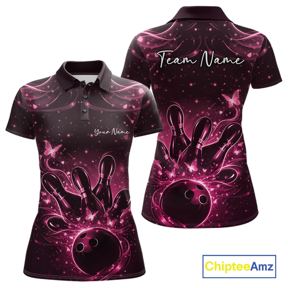 Front and back views of a black and pink womens bowling polo shirt featuring bowling pins, a ball, and glowing butterflies.