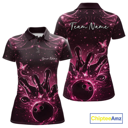 Front and back views of a black and pink womens bowling polo shirt featuring bowling pins, a ball, and glowing butterflies.