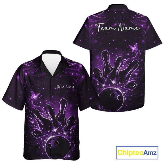 Front and back views of a black and purple button-up bowling shirt featuring a bowling ball, pins, and glowing butterflies.