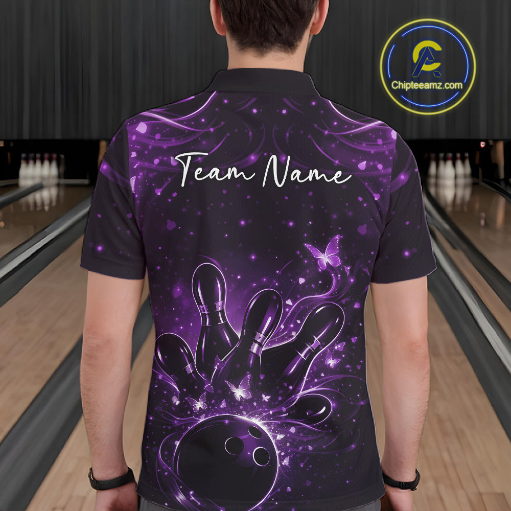 Back view of a male model in a black and purple bowling polo shirt displaying ball, pin, and butterfly graphics.