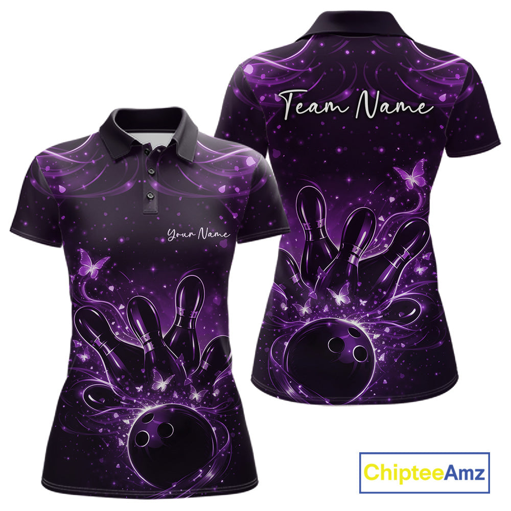 Front and back views of a black and purple womens bowling polo shirt with glowing butterflies around a bowling ball and pins.