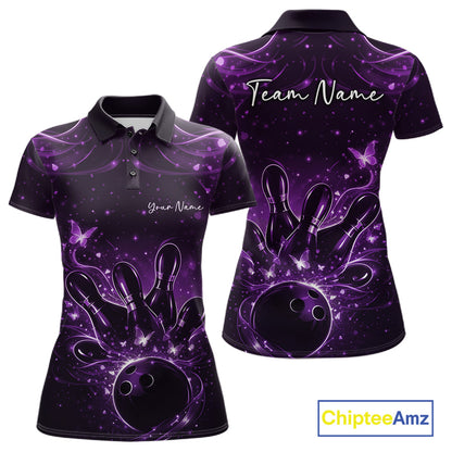 Front and back views of a black and purple womens bowling polo shirt with glowing butterflies around a bowling ball and pins.