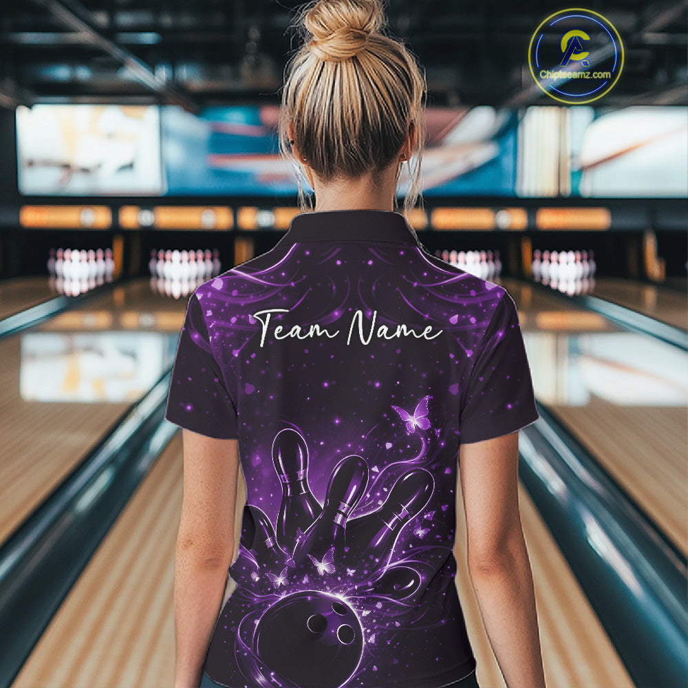 Back view of a female model in a black and purple bowling polo shirt showcasing ball, pin, and butterfly graphics.