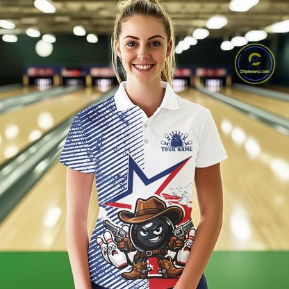 A woman stands in a bowling alley wearing a custom printed polo shirt. The shirt features a split design with blue diagonal stripes on the left, a white right side with a blue star and 'YOUR NAME' text, and a cartoon black ball character in a cowboy hat holding bowling pins on the front.