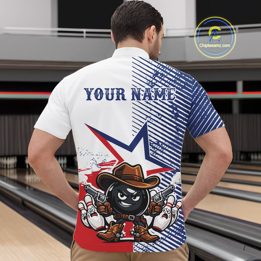 A man viewed from behind wearing a short-sleeve bowling-themed polo shirt. The shirt features a split design: white on the left with the text 'YOUR NAME', blue and navy striped on the right, and a cartoon bowling ball character in a cowboy hat with guns near the bottom.