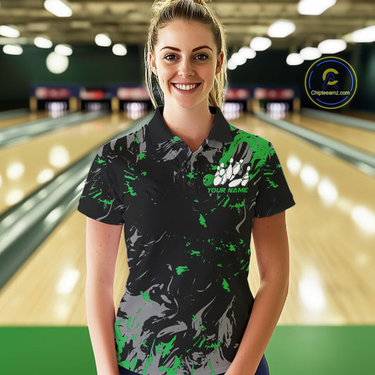 Custom Black And Green Splatter Camo Bowling Team Polo Shirts For Women IPHW10796