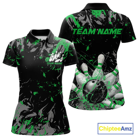 Custom Black And Green Splatter Camo Bowling Team Polo Shirts For Women IPHW10796