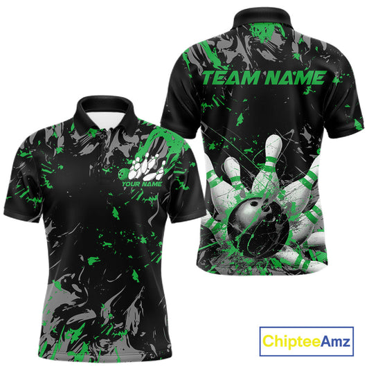 Custom Black And Green Splatter Camo Bowling Team Polo Shirts For Men IPHW10796