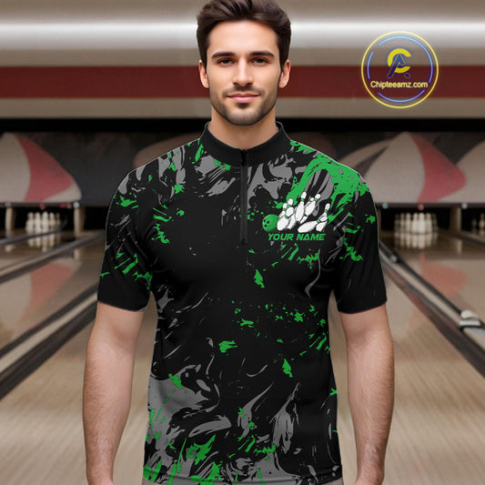 Custom Black And Green Splatter Camo Bowling Team Quarter-Zip Shirts For Men IPHW10796