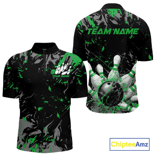 Custom Black And Green Splatter Camo Bowling Team Quarter-Zip Shirts For Men IPHW10796