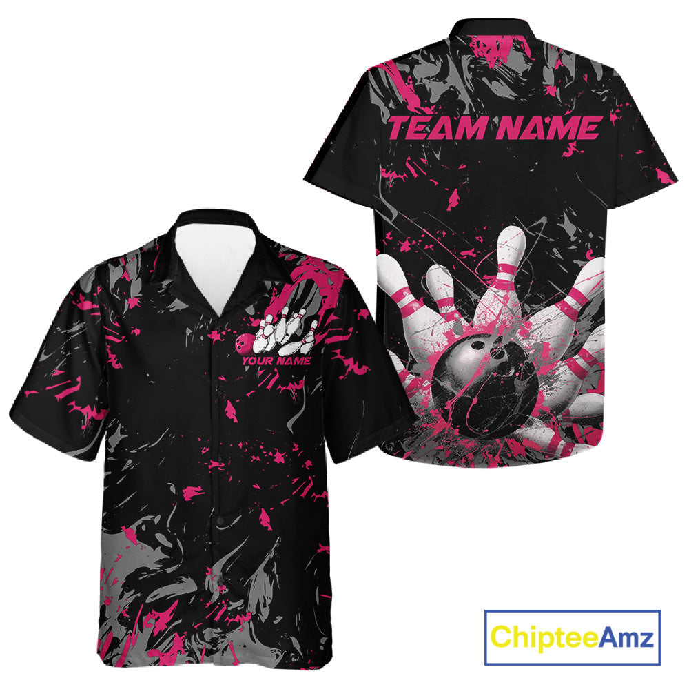Custom Black And Pink Splatter Camo Bowling Team Hawaiian Shirts For Men And Women IPHW10797