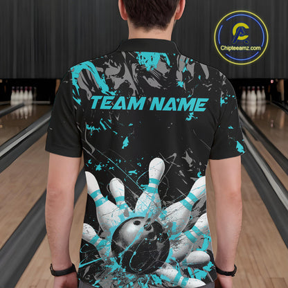 Custom Black And Turquoise Blue Splatter Camo Bowling Team Polo Shirts For Men IPHW10799