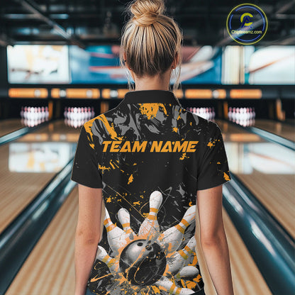 Custom Black And Yellow Splatter Camo Bowling Team Polo Shirts For Women IPHW10800