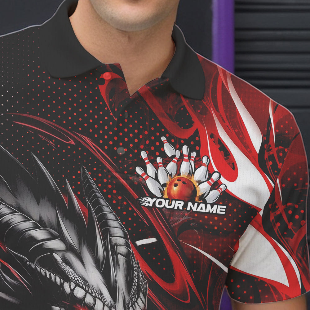 Custom Black And Red Flame Dragon Bowling Jerseys, Dragon Bowling Team Men Polo Shirts IPHW8919