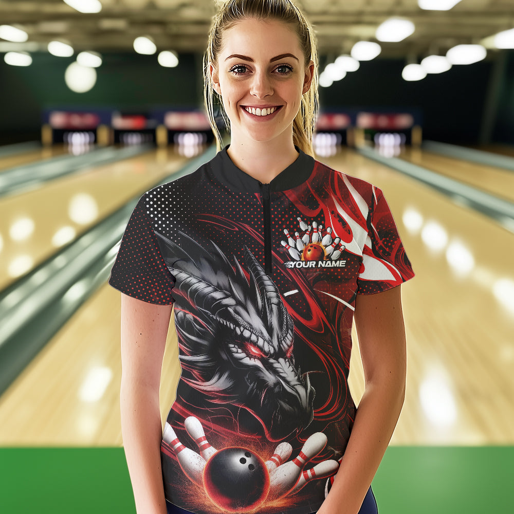 Custom Black And Red Flame Dragon Bowling Jerseys, Dragon Bowling Women Quarter-Zip Shirts IPHW8919