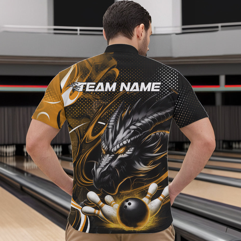 Custom Black And Yellow Flame Dragon Bowling Jerseys, Dragon Bowling Team Men Quarter-Zip Shirts IPHW8921