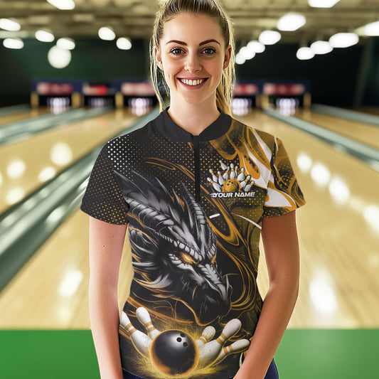 Custom Black And Yellow Flame Dragon Bowling Jersey, Dragon Bowling Women Quarter-Zip Shirt IPHW8921