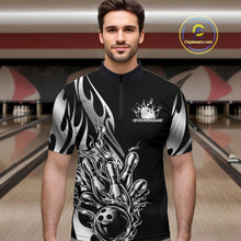 Load image into Gallery viewer, Custom Black And Silver Tribal Flame Men Bowling Quarter-Zip Shirt, Bowling Tournament Shirt IPHW11285