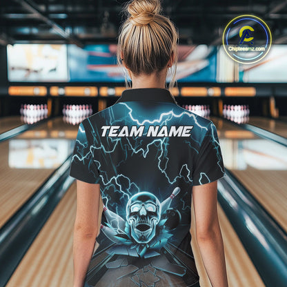 Custom Blue Thunder Lightning Skull Bowling Quarter-Zip Shirt For Women, Halloween Outfit IPHW9497
