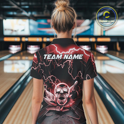 Custom Red Thunder Lightning Skull Bowling Quarter-Zip Shirt For Women, Halloween Outfit IPHW9498