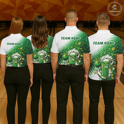 Custom Funny St Patricks Day Beer Bowling Team Shirts, Green Shamrock And Gold Coin Bowling Jerseys IPHW10521