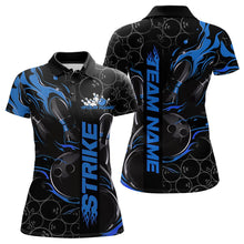 Load image into Gallery viewer, Custom Black And Blue Flame Strike Bowling Team Womens Polo Shirts, Strike Bowling Jerseys IPHW8611