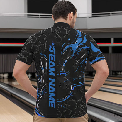 Custom Black And Blue Flame Strike Bowling Team Quarter-Zip Shirts For Men, Strike Bowling Jerseys IPHW8611