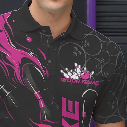 Custom Black And Pink Flame Strike Bowling Team Polo Shirts For Men, Strike Bowling Jerseys IPHW8613