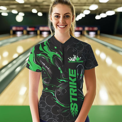 Custom Black And Green Flame Strike Bowling Team Womens Quarter-Zip Shirt, Bowling Jerseys IPHW8615