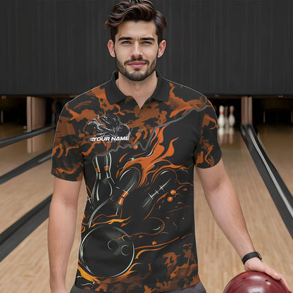 Custom Black And Orange Camo Flame Bowling Team Polo Shirts For Men, Bowling Tournament Shirt IPHW8624