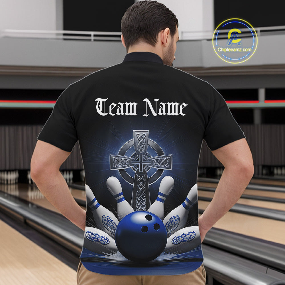 Male model front view at bowling venue wearing black quarter zip shirt with blue Celtic cross and bowling ball impact graphic in action scene