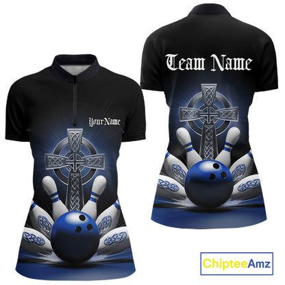Womens quarter zip bowling shirt mockup front and back, black shirt featuring blue Celtic cross and bowling ball exploding into pins artwork
